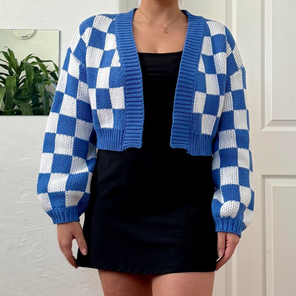 Blue and White Checkered Cropped Cardigan